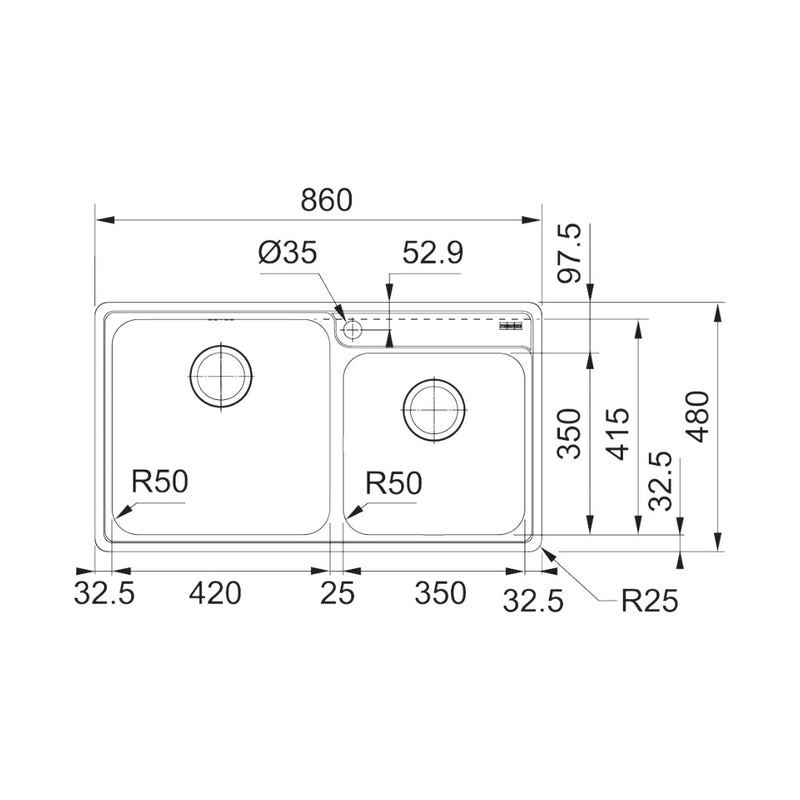 Franke - Bell 1 & 1/2 Bowl Sink - BCX620-42/35FPC