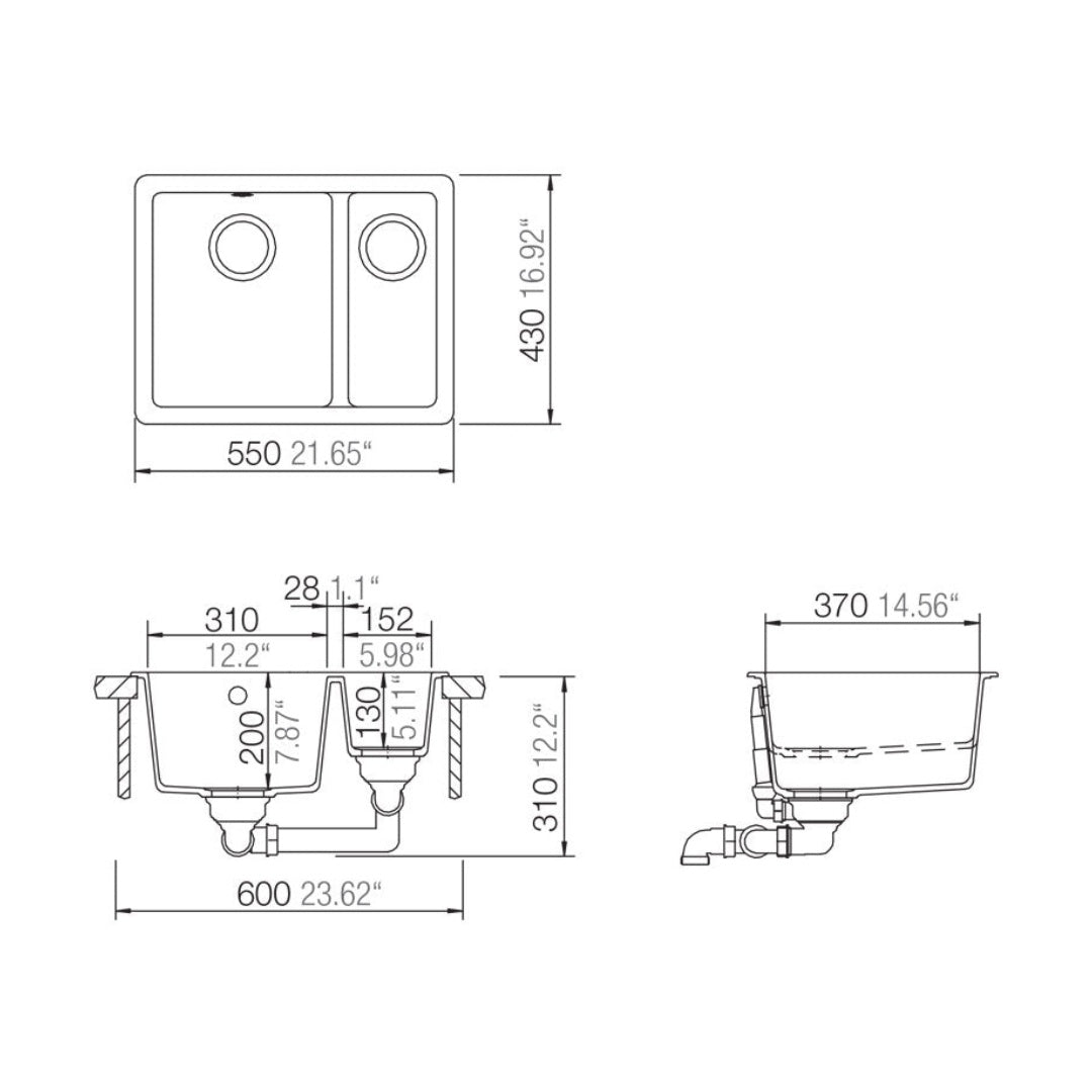 Abey SCHOCK Quadro 1 & 1/3 Bowl Sink - Concrete - SINK-ALT-756