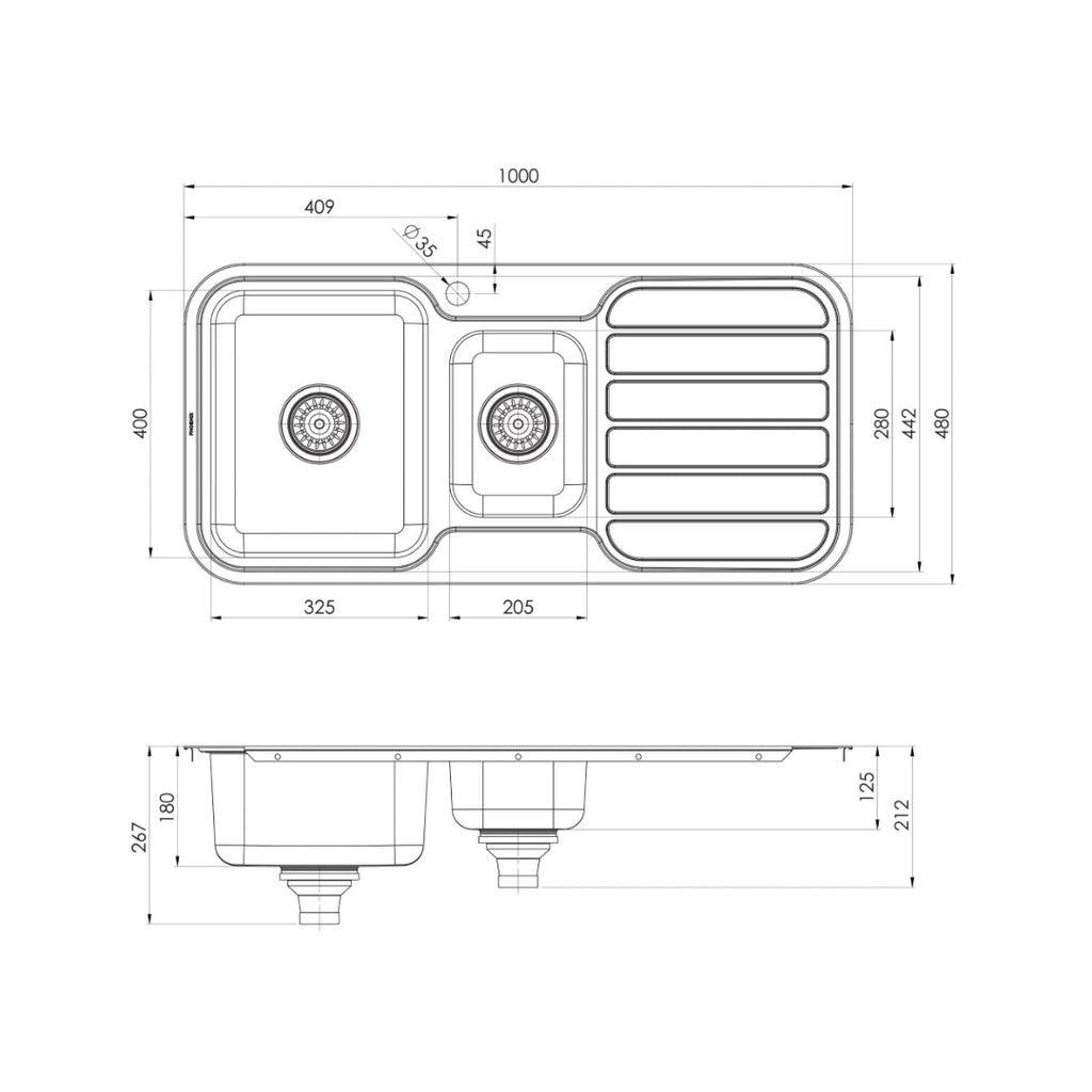 Phoenix 1000 Series 1 & 1/3 Left Hand Bowl Sink 1TH - Stainless Steel - 300-4111-50