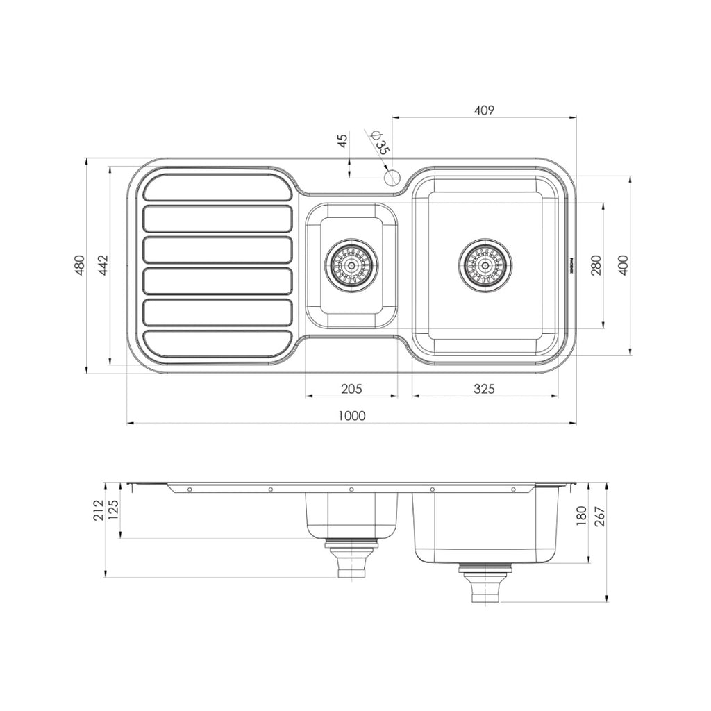 Phoenix 1000 Series 1 & 1/3 Sink & Drainer 1TH - Stainless Steel - 300-4211-50