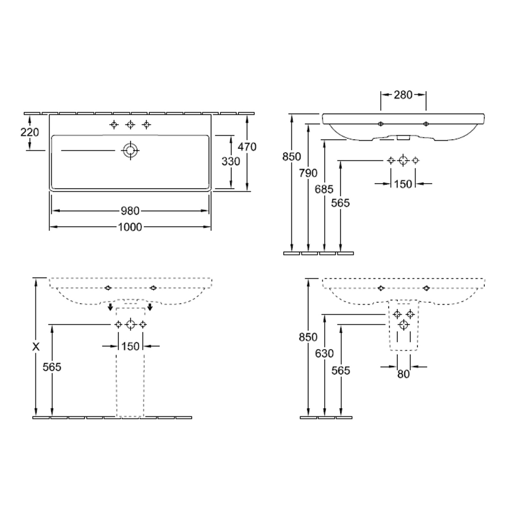 Villeroy & Boch Avento 1000 Wall Hung Basin with Trap Cover (1 Tap Hole) - Alpine White 4156A501TB