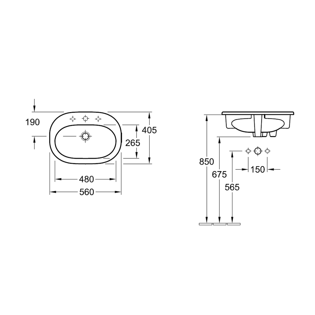 Villeroy & Boch O.Novo 560 Inset Basin 1 Tap Hole with Overflow - Alpine White 41615601