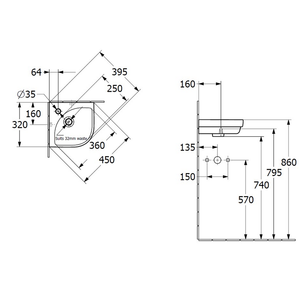 Villeroy & Boch Architectura 3.0 320 Wall Hung Corner Hand Wash Basin No Overflow - Alpine White 43714601CB