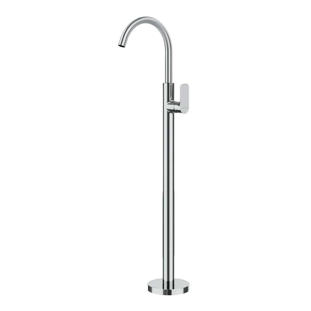 A modern chrome freestanding bathtub faucet with a high-arc spout and a single lever handle, shown against a light gray background.