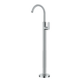 A modern chrome freestanding bathtub faucet with a high-arc spout and a single lever handle, shown against a light gray background.