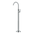 A modern chrome freestanding bathtub faucet with a high-arc spout and a single lever handle, shown against a light gray background.