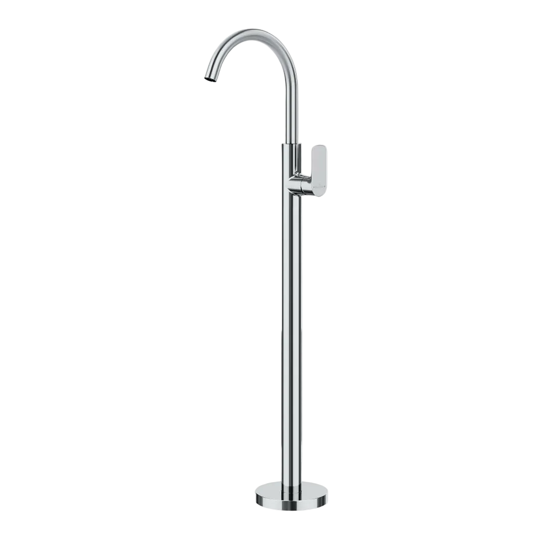 A modern chrome freestanding bathtub faucet with a high-arc spout and a single lever handle, shown against a light gray background.