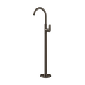 A modern single-handle freestanding faucet with a curved gooseneck spout and a vertical lever handle, finished in a dark brushed metallic finish, shown against a light gray background.