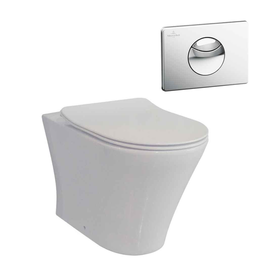 Villeroy & Boch O.Novo 2.0 S-Trap DirectFlush Wall Faced Toilet incl/Slim Seat & VB Cistern Package - E100 Chrome Button - 4624R101L4DB + 92233300 + 92248561