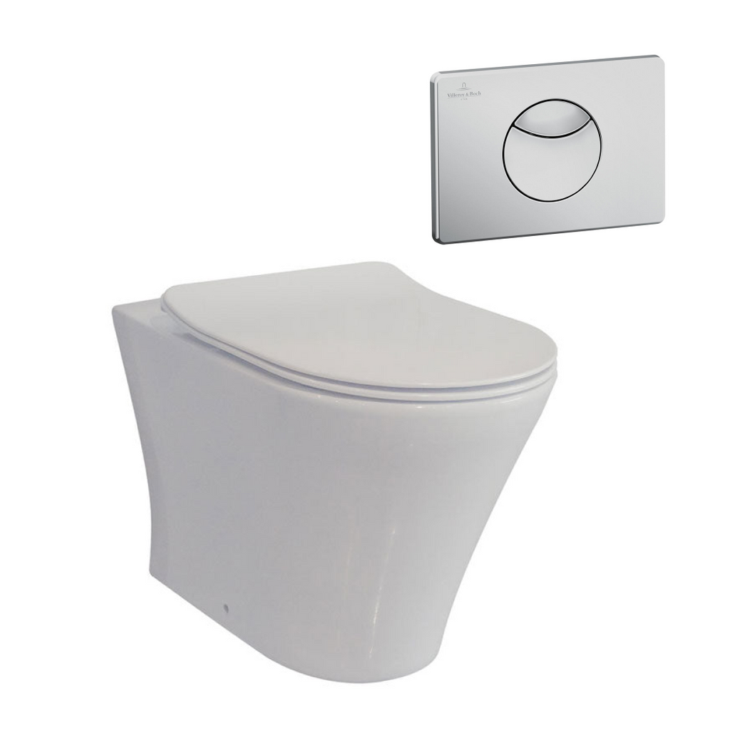 Villeroy & Boch O.Novo 2.0 S-Trap DirectFlush Wall Faced Toilet incl/Slim Seat & VB Cistern Package - E100 Satin Button - 4624R101L4DB + 92233300 + 92248569