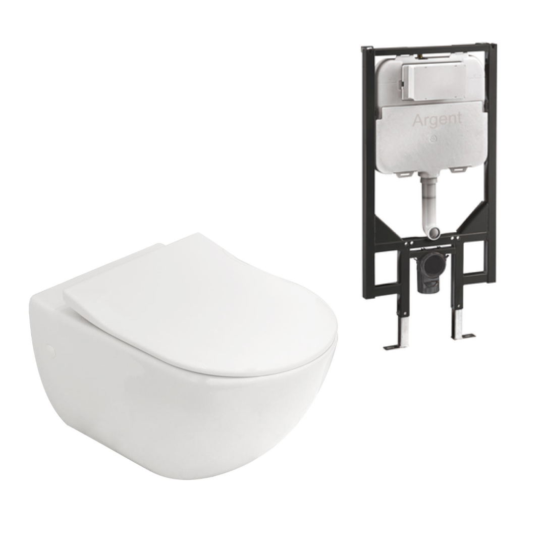 Villeroy & Boch Subway 3.0 Wall Hung Slim Seat Argent Plate Toilet Package - No Flush Plate (Pan & Cistern Only) Button - 4670T001L4B + IN48905