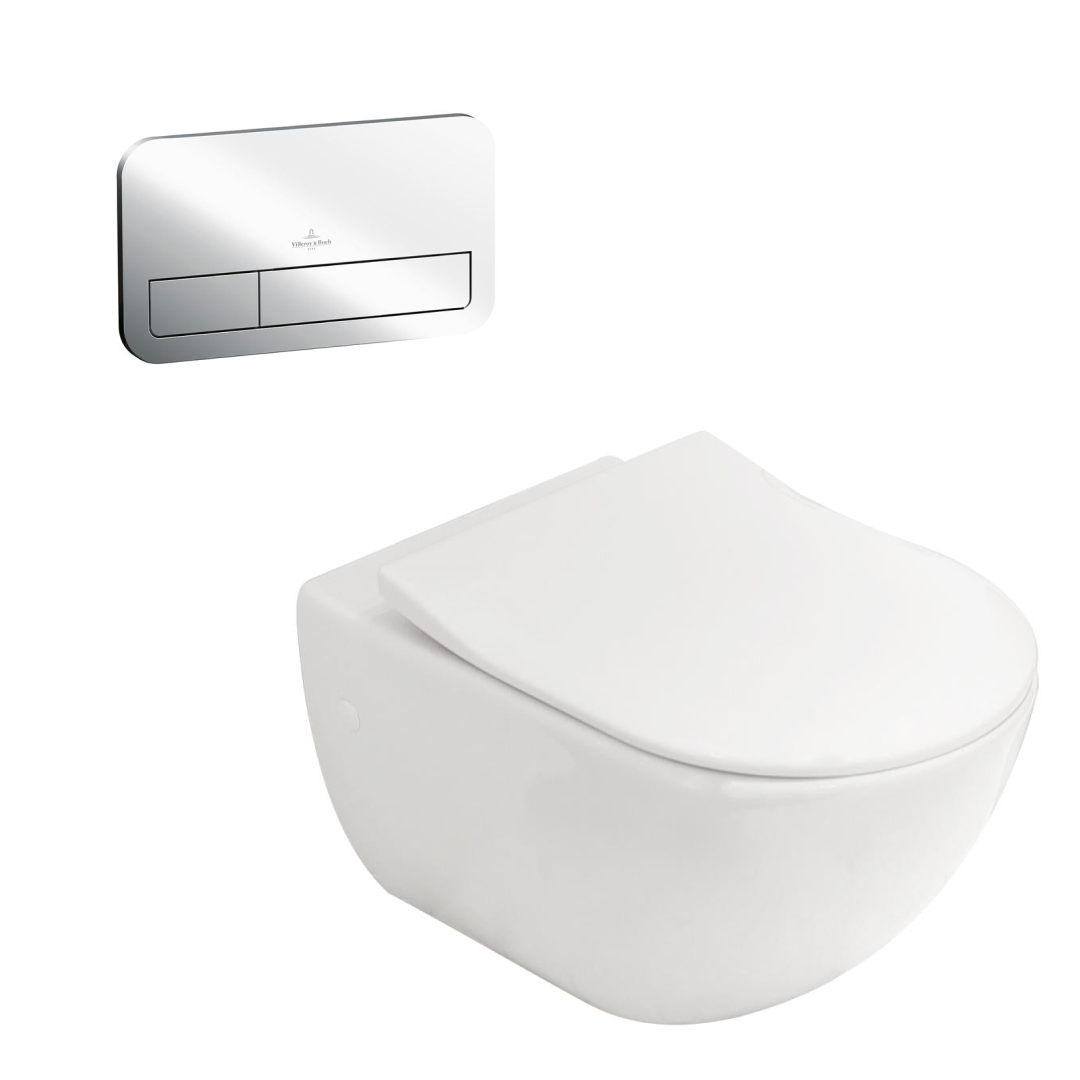 Villeroy & Boch Subway 3.0 Wall Hung Toilet incl/Slim Seat & VB Cistern Package - E200 Chrome Button - 4670T001L4B + 92249061 + 92233500