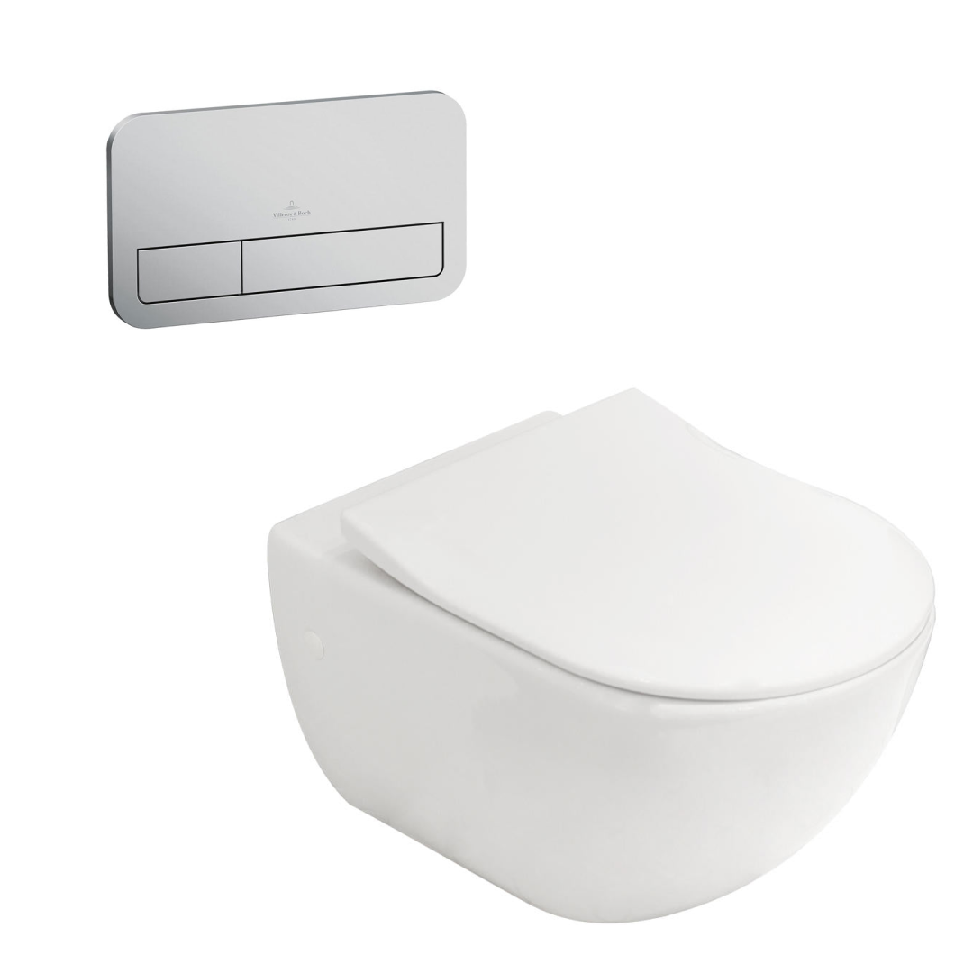Villeroy & Boch Subway 3.0 Wall Hung Toilet incl/Slim Seat & VB Cistern Package - E200 Satin Button - 4670T001L4B + 92249069 + 92233500
