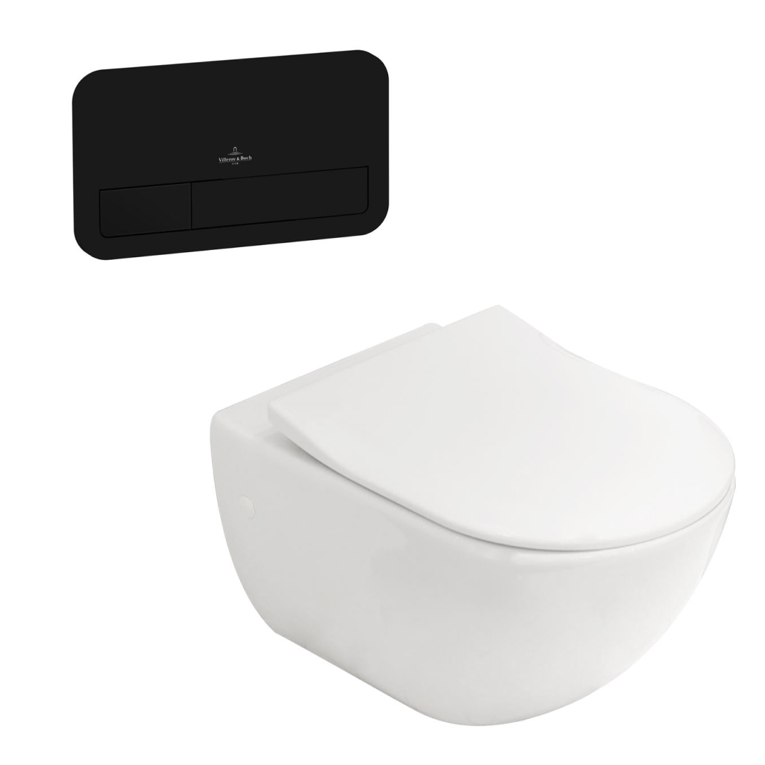 Villeroy & Boch Subway 3.0 Wall Hung Toilet incl/Slim Seat & VB Cistern Package - E200 Matte Black Button - 4670T001L4B + 922490AN + 92233500