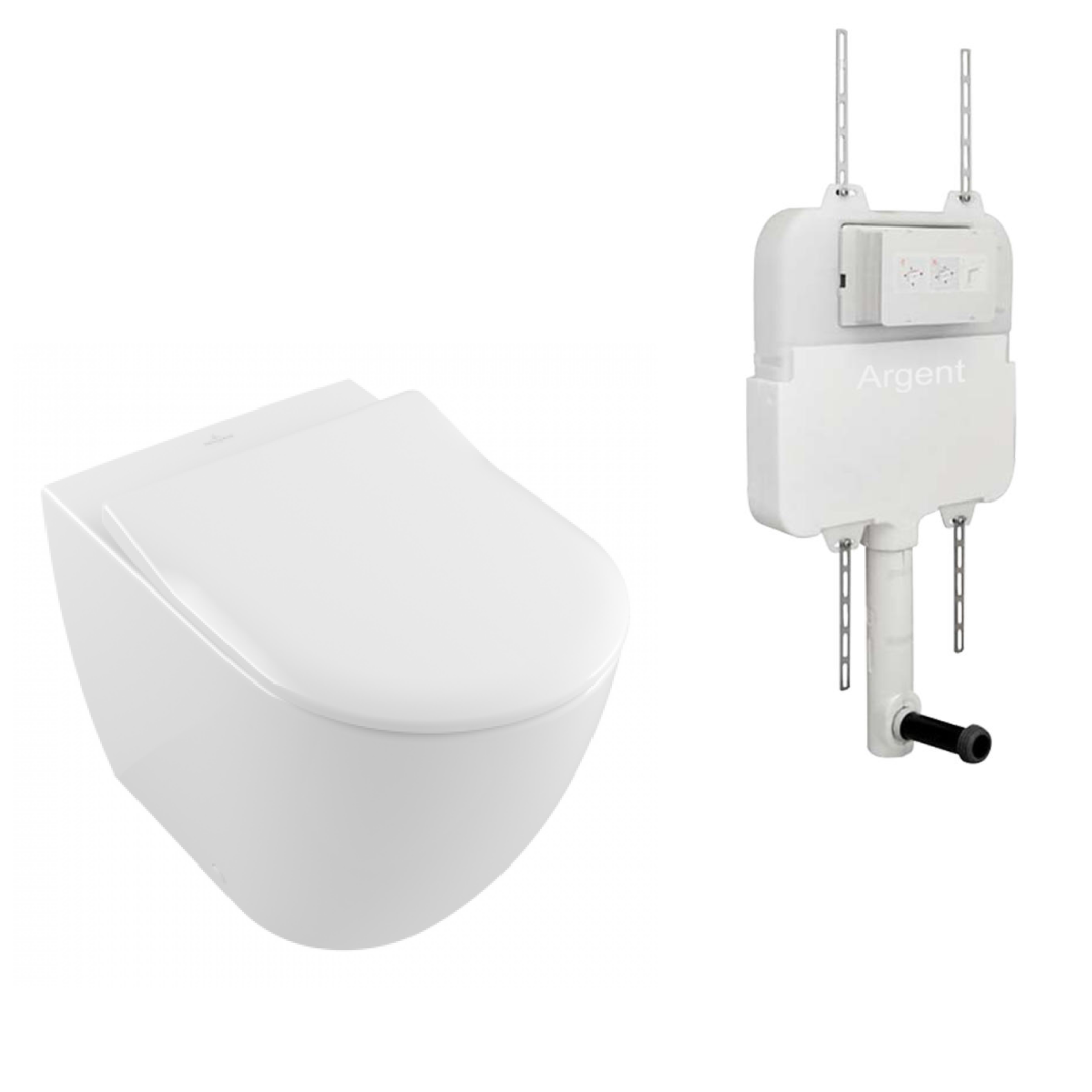 Villeroy & Boch Subway 3.0 Wall Faced Twistflush w/ Slim Seat Argent Plate Toilet Package - No Flush Plate (Pan & Cistern Only) - 4671T101L4B + IN38905