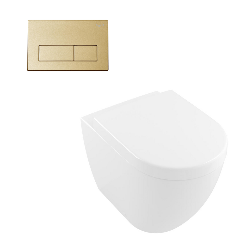 Villeroy & Boch Subway 3.0 Wall Faced Twistflush Argent Plate Toilet Package - Square Brushed Gold Button - 4671T101S4B + IN38785BG + IN38905