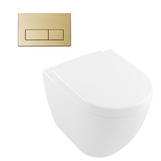 Villeroy & Boch Subway 3.0 Wall Faced Twistflush Argent Plate Ceramic Plus Toilet Package - Square Brushed Gold Button - 4671T1R1S4B + IN38785BG + IN38905