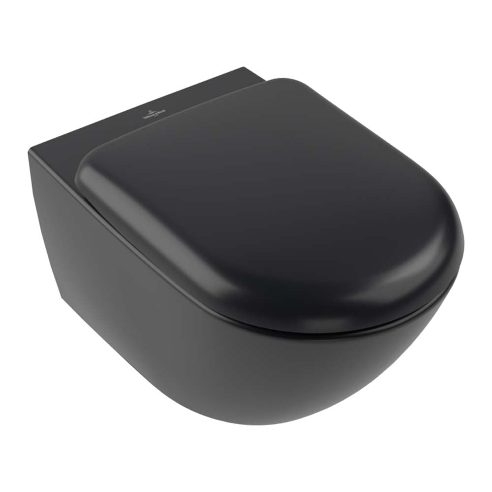 Villeroy & Boch Antao Rimless Wall Hung CeramicPlus Argent Toilet Package - Pure Black - No Flush Plate (Pan & Cistern Only) - 4674T0R7S4B + IN48905