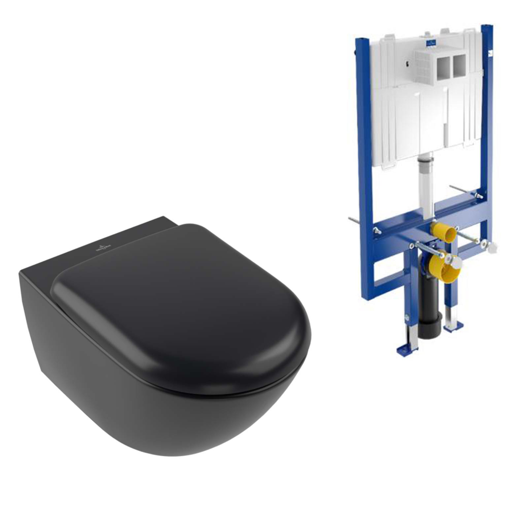 Villeroy & Boch Antao Rimless Wall Hung CeramicPlus Toilet Package - Pure Black - No Flush Plate (Pan & Cistern Only) - 4674T0R7S4B + 92233500