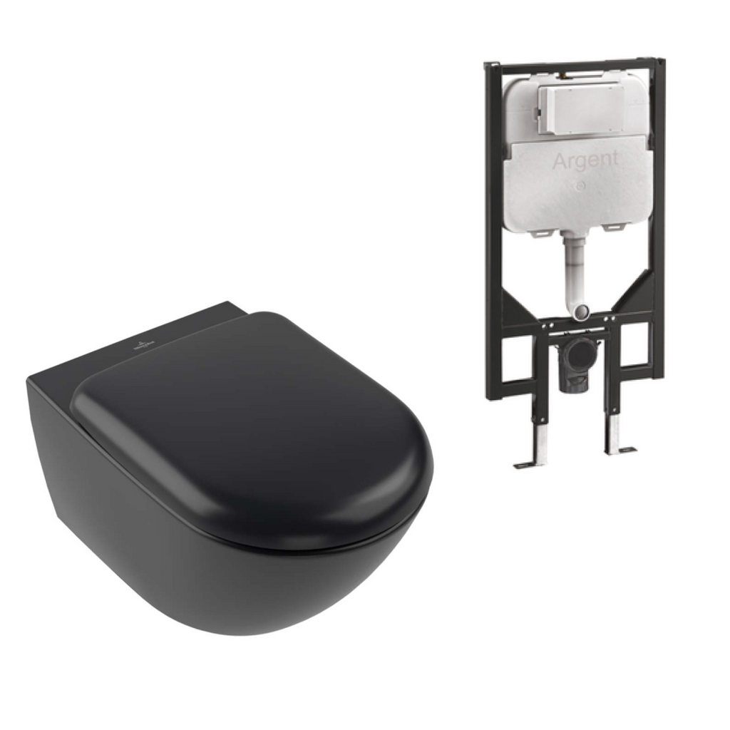 Villeroy & Boch Antao Rimless Wall Hung CeramicPlus Argent Toilet Package - Pure Black - No Flush Plate (Pan & Cistern Only) - 4674T0R7S4B + IN48905