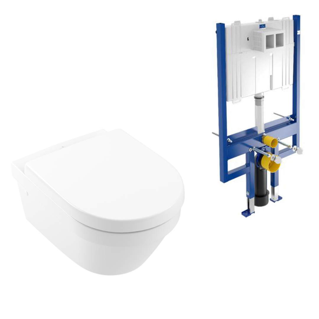 Villeroy & Boch Architectura 3.0 Wall Hung Toilet incl/Villeroy & Boch Cistern Package - E100 Satin Button - 4694HR01S4B + 92233500 + 92248569