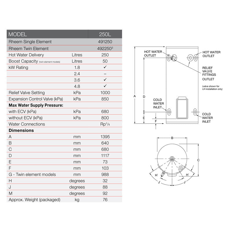 Rheem 250L Stellar SS Twin Electric Storage Water Heater Specification