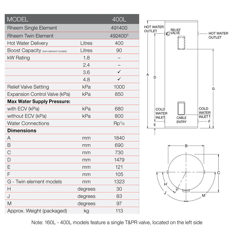 Rheem 400L Electric Twin Storage Water Heater Specification