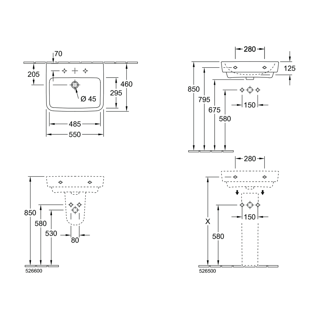 Villeroy & Boch O.Novo 2.0 550 Wall Hung Basin No Overflow - Alpine White 4A415801CB