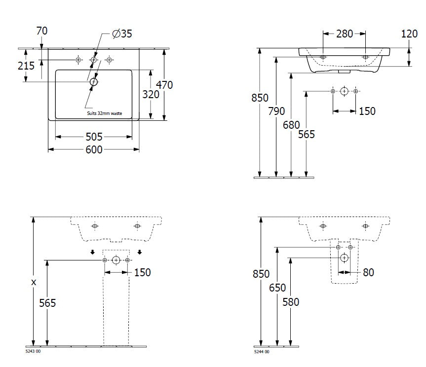 Villeroy & Boch Subway 3.0 600 Wall Hung Basin with Overflow - Alpine White 1TH 4A706001CB