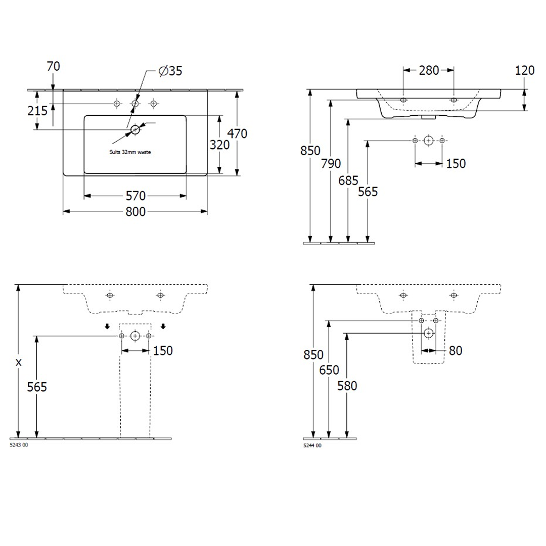 Villeroy & Boch Subway 3.0 800 Wall Basin - Gloss White 4A708001CB - 4A708001CB-Ex-Display