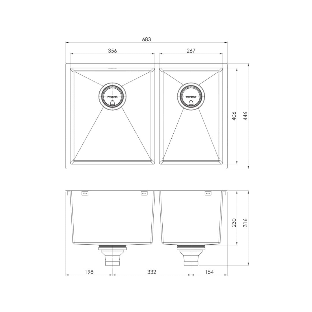 Phoenix 4000 Series 1 & 3/4 Left Hand Bowl Sink - Stainless Steel - 310-5202-51