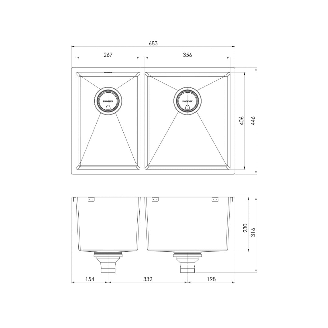 Phoenix 4000 Series 1 & 3/4 Right Hand Bowl Sink - Stainless Steel - 310-5102-51