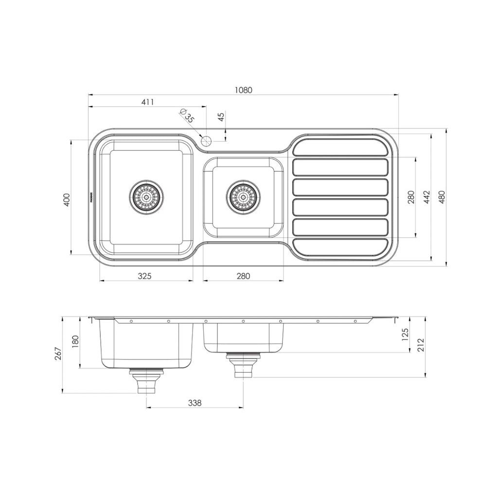 Phoenix 1000 Series 1 & 3/4 Sink & Drainer 1TH - Stainless Steel - 300-5111-50