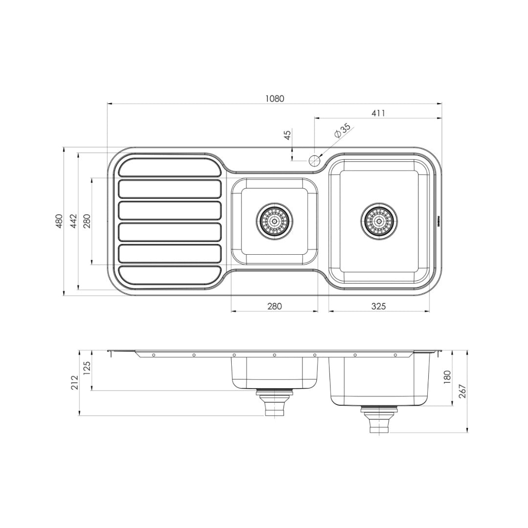 Phoenix 1000 Series 1 & 3/4 Sink & Drainer 1TH - Stainless Steel - 300-5211-50