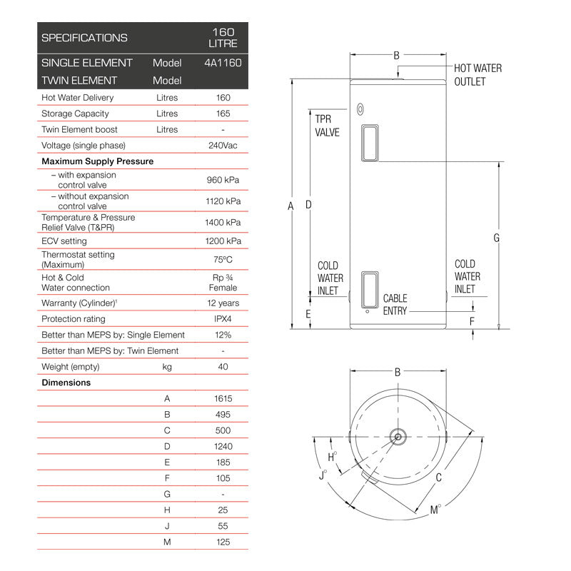 Rheem 160L Stellar SS Electric Storage Water Heater Spec