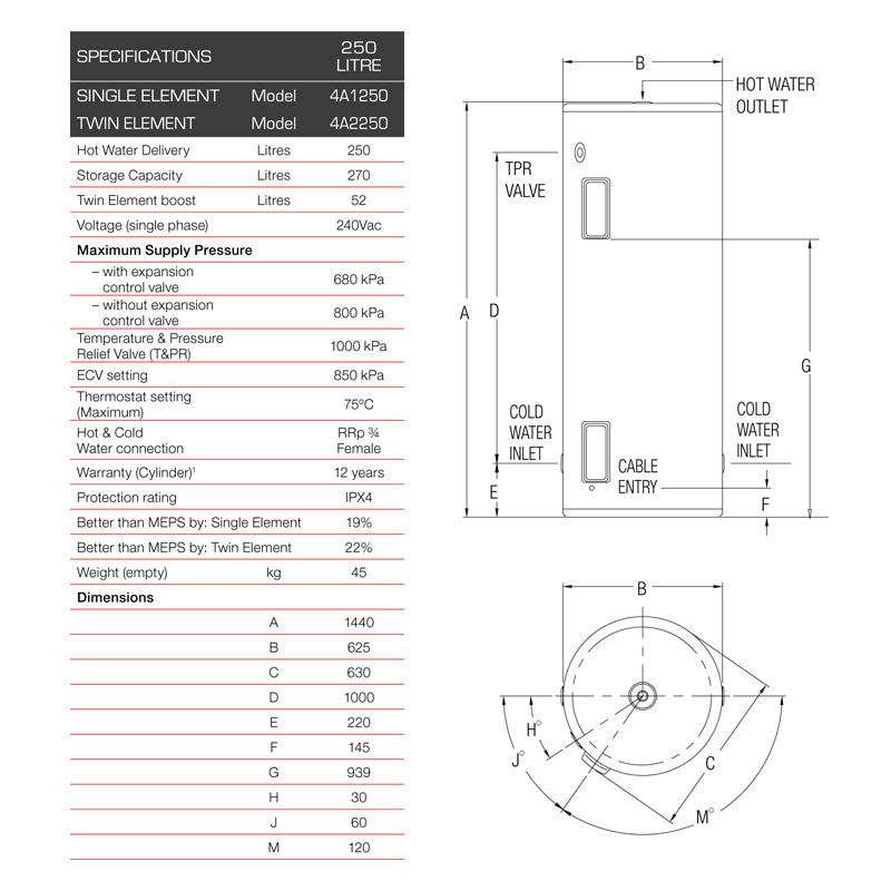 Rheem 250L Stellar SS Electric Storage Water Heater Specification