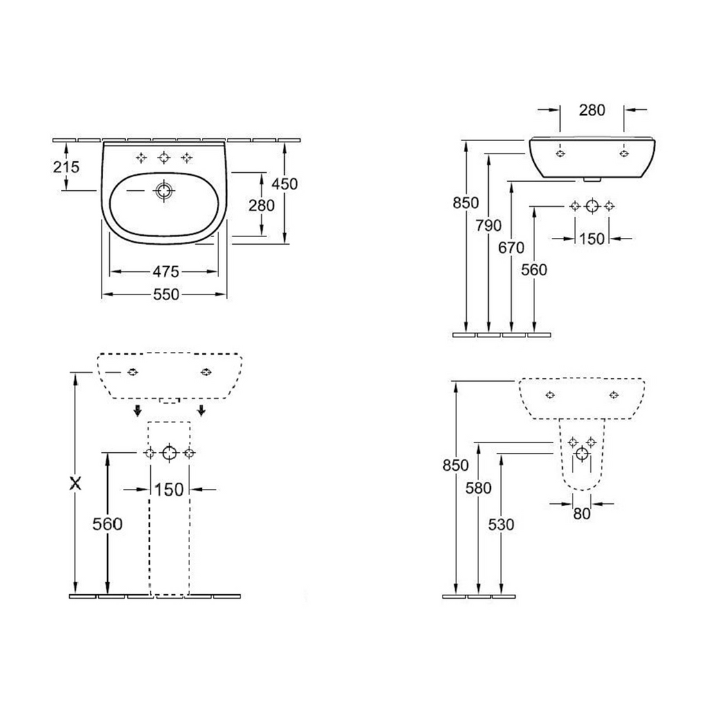 Villeroy & Boch 550 Wall Hung Basin 1 Tap Hole with Overflow - Alpine White 51605501CB