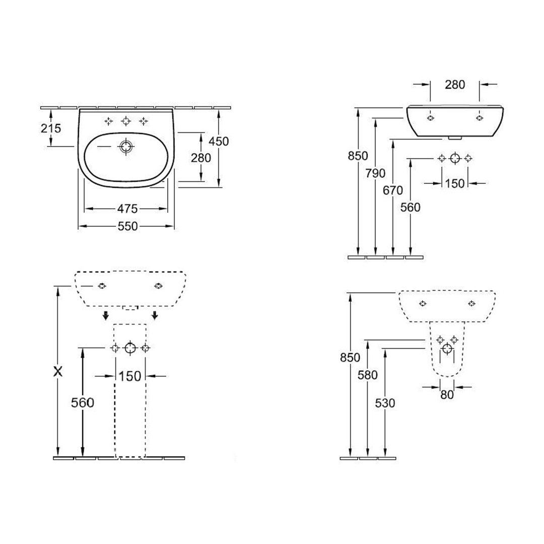 Villeroy & Boch 550 Wall Hung Basin 1 Tap Hole with Overflow - Alpine White 51605501CB