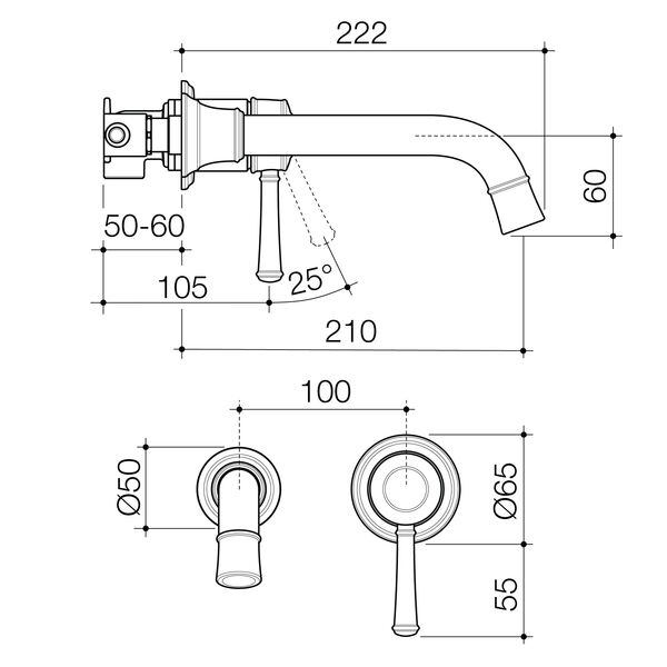 Caroma Riviere 210mm Wall Basin/Bath Mixer Set (Includes In-Wall Body) - LF Brushed Brass