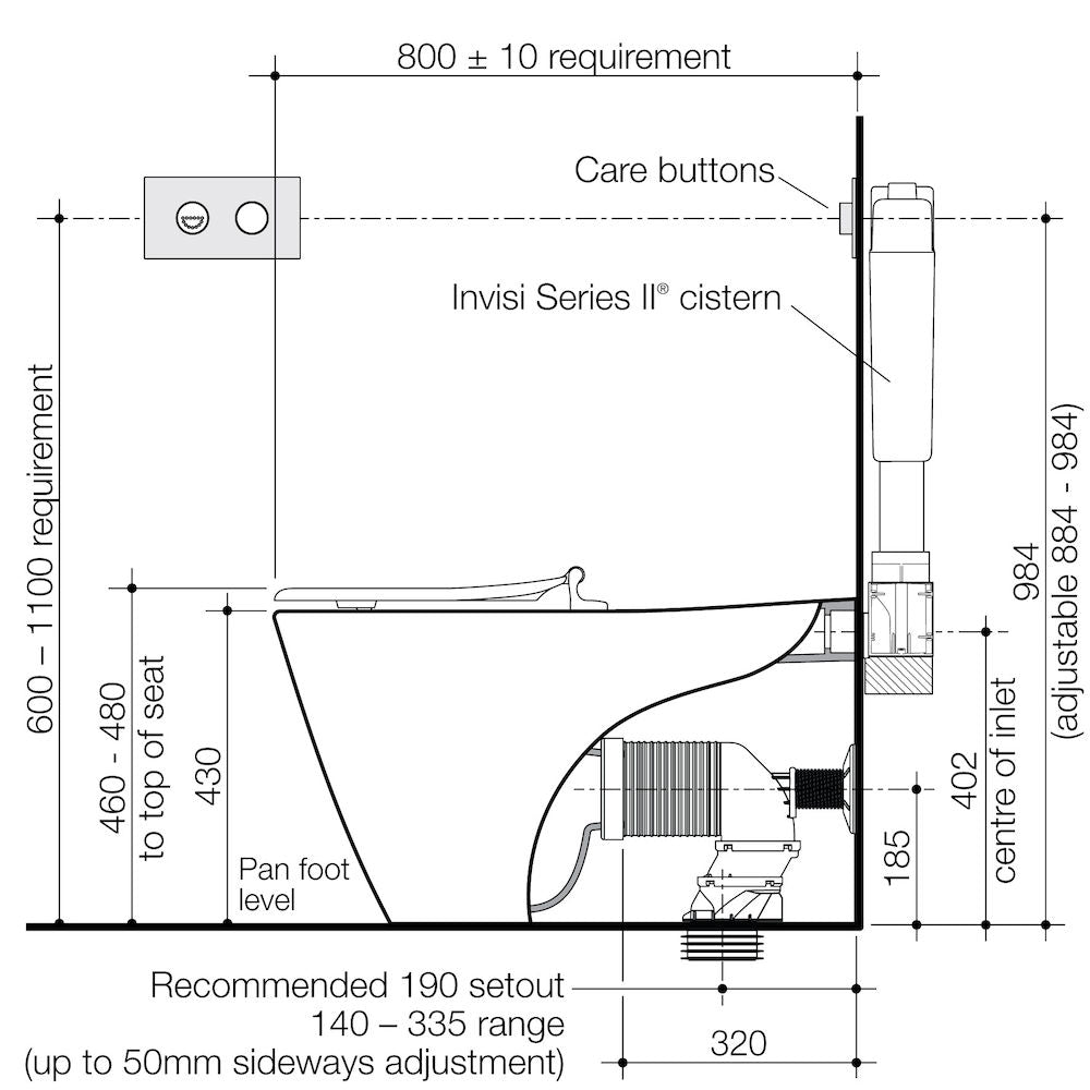 Caroma Care 800 Cleanflush Wall Faced Invisi Series II Toilet Suite with Double Flap Seat specifications