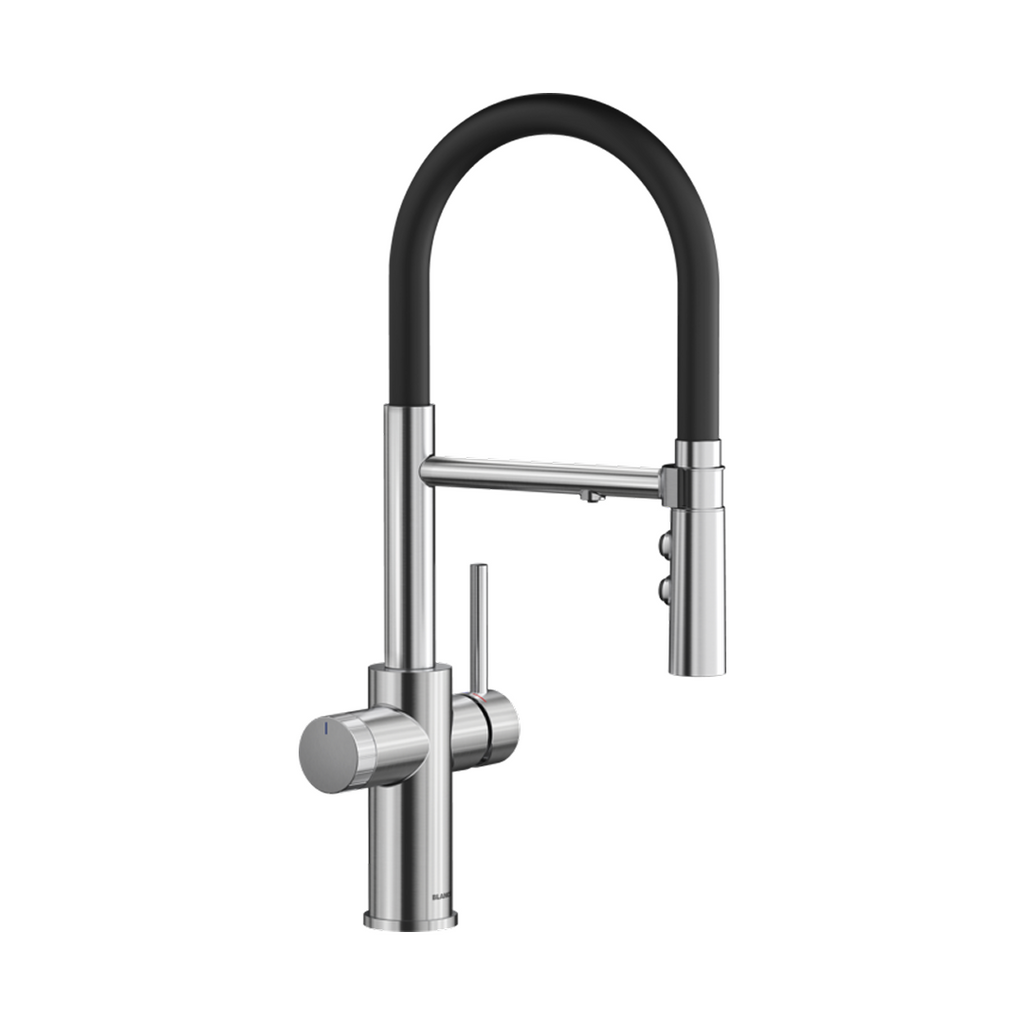 Blanco Catris-S Flexo PVD Steel Filter Tap & Naya 8S Black Sink Package - Includes BWT Filter - 527664 + 526831 + 526989