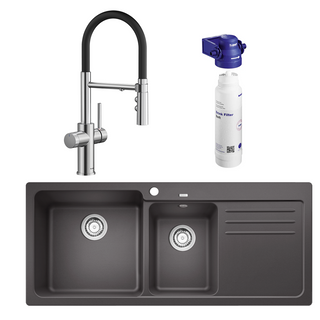 Blanco Catris-S Flexo PVD Steel Filter Tap & Naya 8S Left Bowl Rock Grey Sink Package - Includes BWT Filter - 527664 + 526832 + 526989