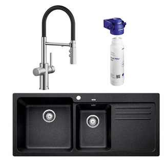 Blanco Catris-S Flexo PVD Steel Filter Tap & Naya 8S Left Bowl Anthracite Sink Package - Includes BWT Filter - 527664 + 526823 + 526989