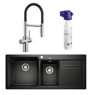 Blanco Catris-S Flexo PVD Steel Filter Tap & Naya 8S Left Bowl Black Sink Package - Includes BWT Filter - 527664 + 526830 + 526989