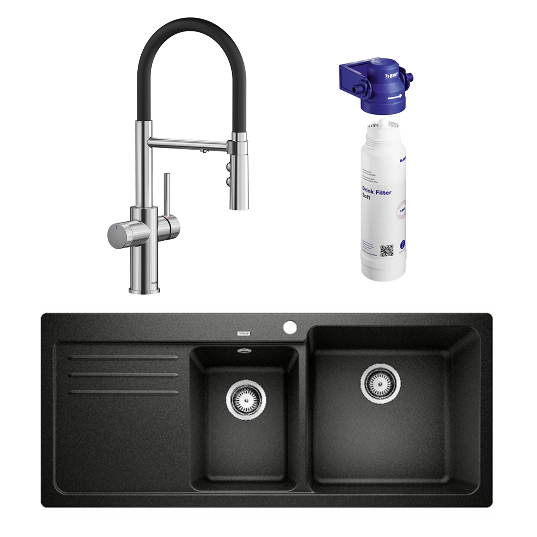 Blanco Catris-S Flexo PVD Steel Filter Tap & Naya 8S Black Sink Package - Includes BWT Filter - 527664 + 526831 + 526989