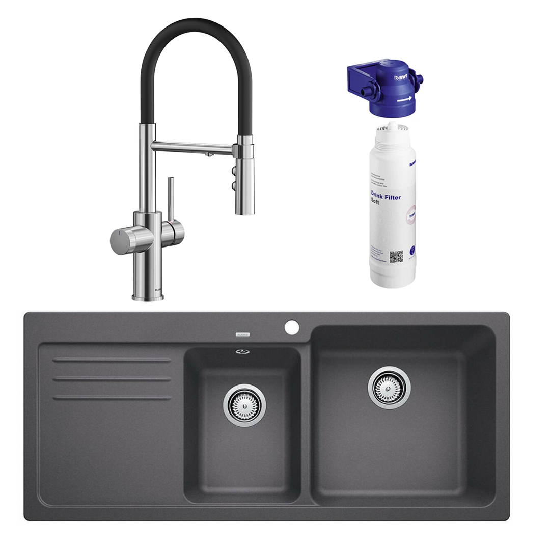Blanco Catris-S Flexo PVD Steel Filter Tap & Naya 8S Rock Grey Sink Package - Includes BWT Filter - 527664 + 526833 + 526989