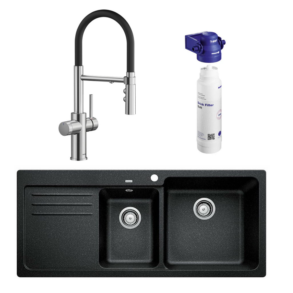 Blanco Catris-S Flexo PVD Steel Filter Tap & Naya 8S Anthracite Sink Package - Includes BWT Filter - 527664 + 526834 + 526989