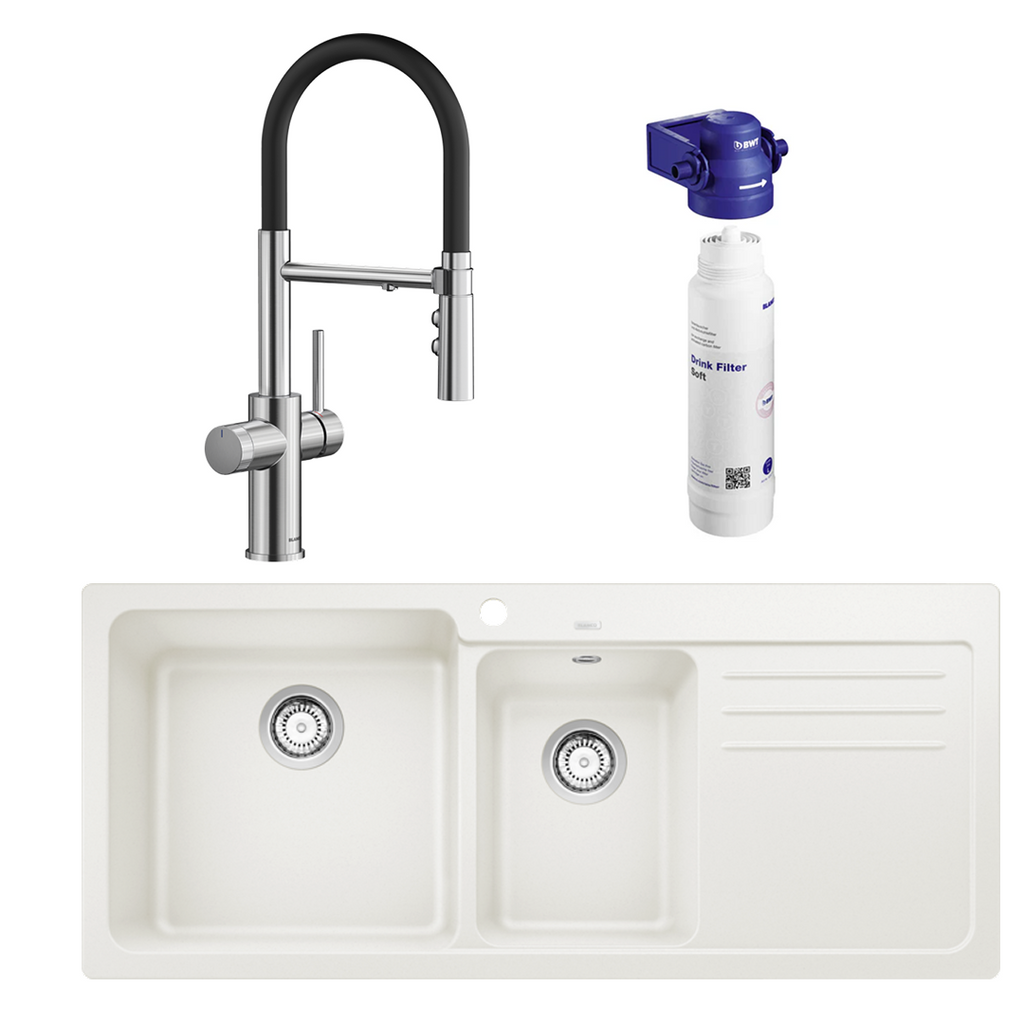 Blanco Catris-S Flexo PVD Steel Filter Tap & Naya 8S Left Bowl White Sink Package - Includes BWT Filter - 527664 + 526832 + 526989