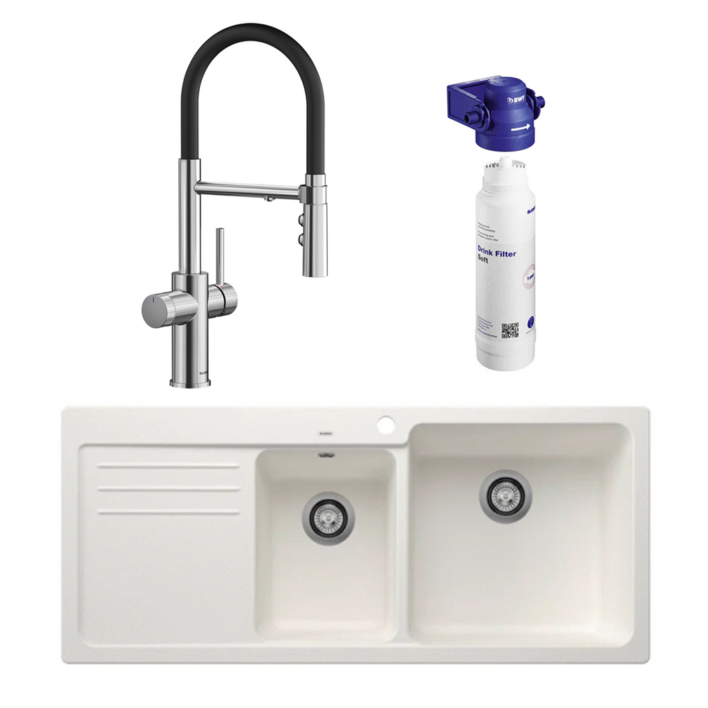 Blanco Catris-S Flexo PVD Steel Filter Tap & Naya 8S White Sink Package - Includes BWT Filter - 527664 + 526831 + 526989