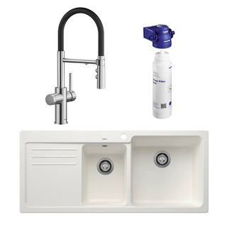 Blanco Catris-S Flexo PVD Steel Filter Tap & Naya 8S White Sink Package - Includes BWT Filter - 527664 + 526831 + 526989